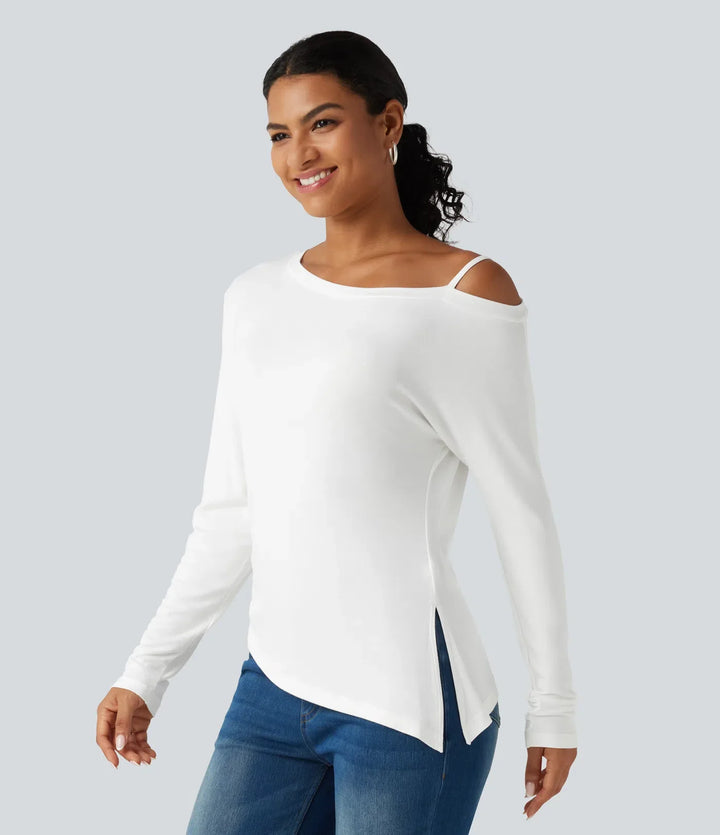 Ribbad enaxlad långärmad asymmetrisk fåll vardaglig T-shirt