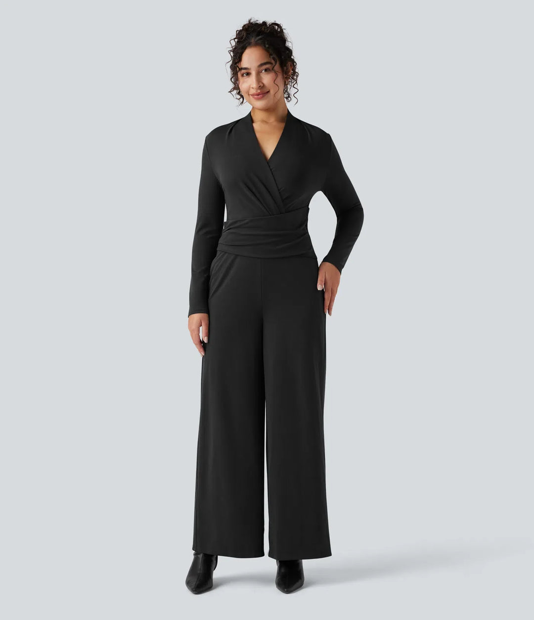 V-ringad dragkedja långärmad arbetsjumpsuit med fickor-Easy Peezy