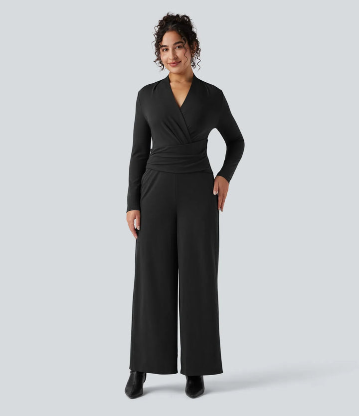 V-ringad dragkedja långärmad arbetsjumpsuit med fickor-Easy Peezy