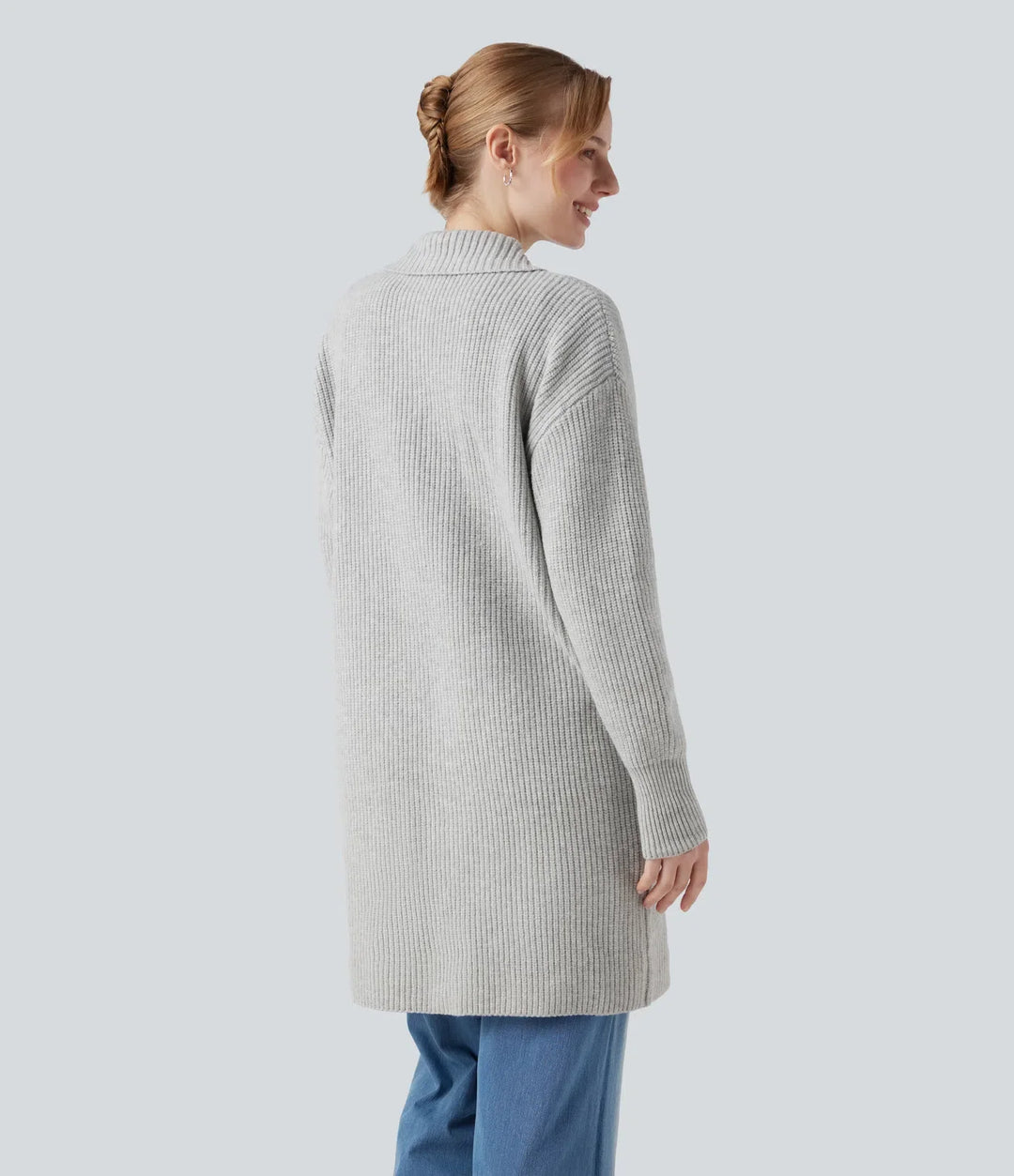 Krage långärmad knapp gylf vardaglig lång modell cardigan med fickor