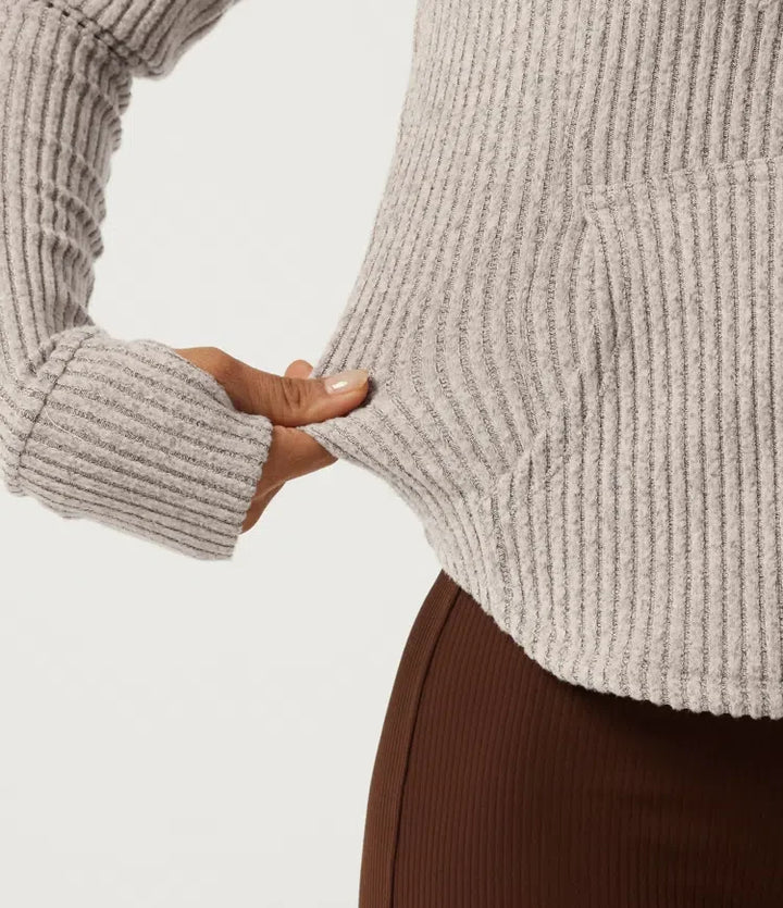 Ribbstickad med huva långärmad yogajacka med fickor