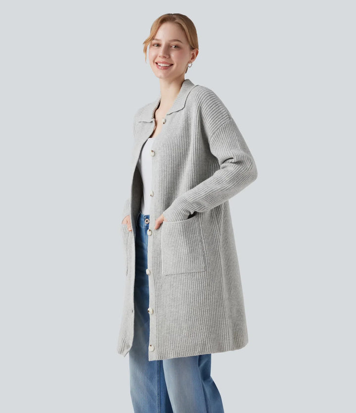 Krage långärmad knapp gylf vardaglig lång modell cardigan med fickor