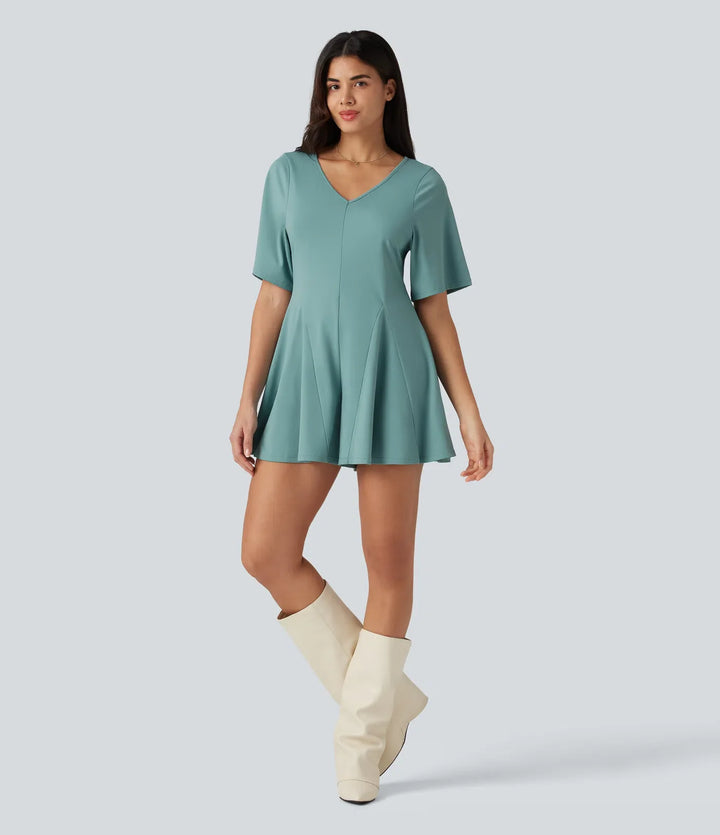 V-ringad kortärmad nyckelhålsrygg vardaglig playsuit