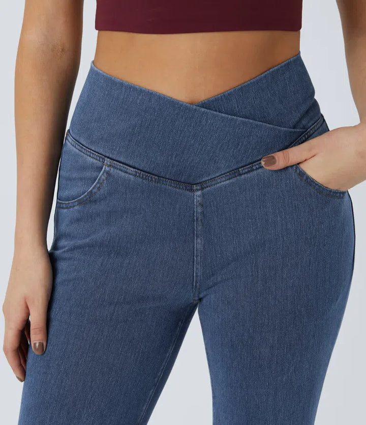 Halara Flex med hög midja, omlottmidja och ficka tvättad vardagsjeans
