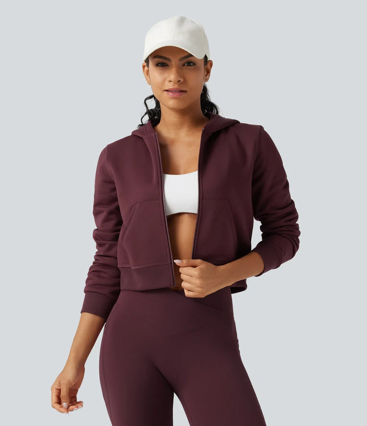 Med huva långärmad fleece träning sweatshirt med fickor