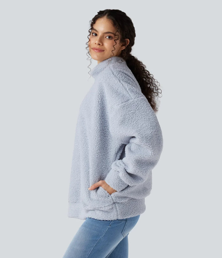 Halvpolo långärmad vardaglig sherpa sweatshirt med fickor