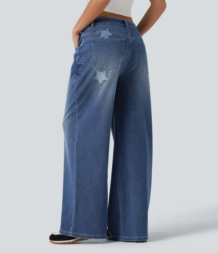 Lyckera Flex högmidjad baggy Embroidery vardagsjeans med fickor