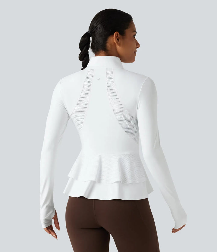 SoftlyZero luftig ståkrage långärmad tumhål hålbroderi volangfåll InstantCool yogajacka med fickor-UPF50+