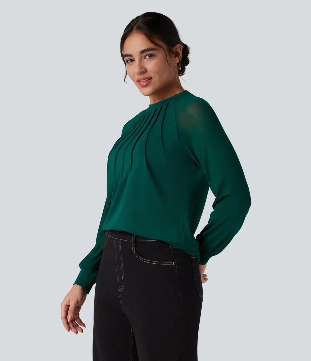 Rund halsringning raglan långärmad kontrastmesh för vardag blus