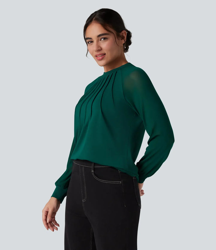 Rund halsringning raglan långärmad kontrastmesh för vardag blus