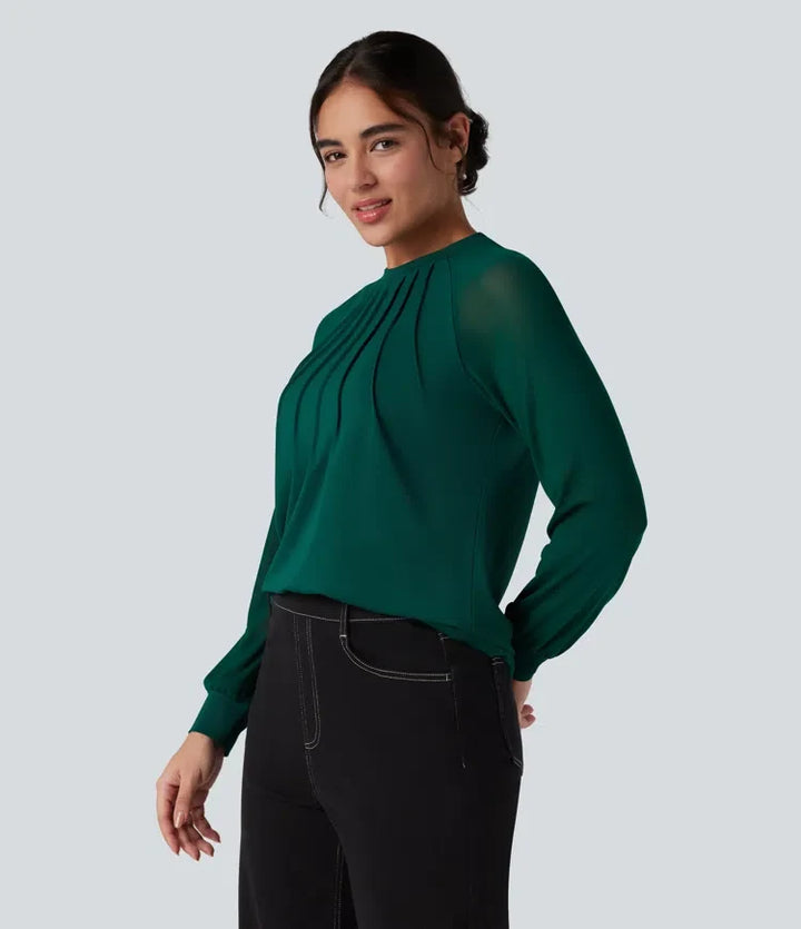 Rund halsringning raglan långärmad kontrastmesh för vardag blus