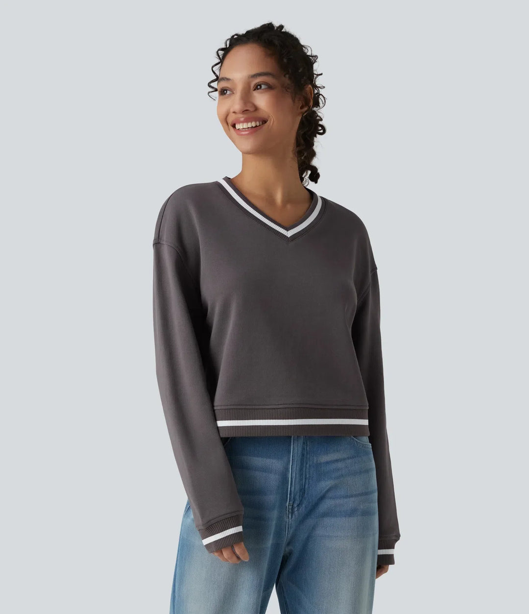 V-ringad långärmad färgblock vardaglig bomull sweatshirt