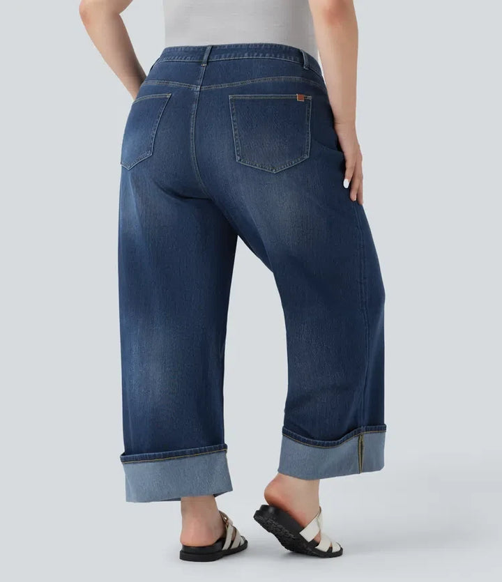 Plusstorlek Halara Flex med hög midja vida ben upprullad fåll tvättad stretchig stickad vardagsjeans med fickor