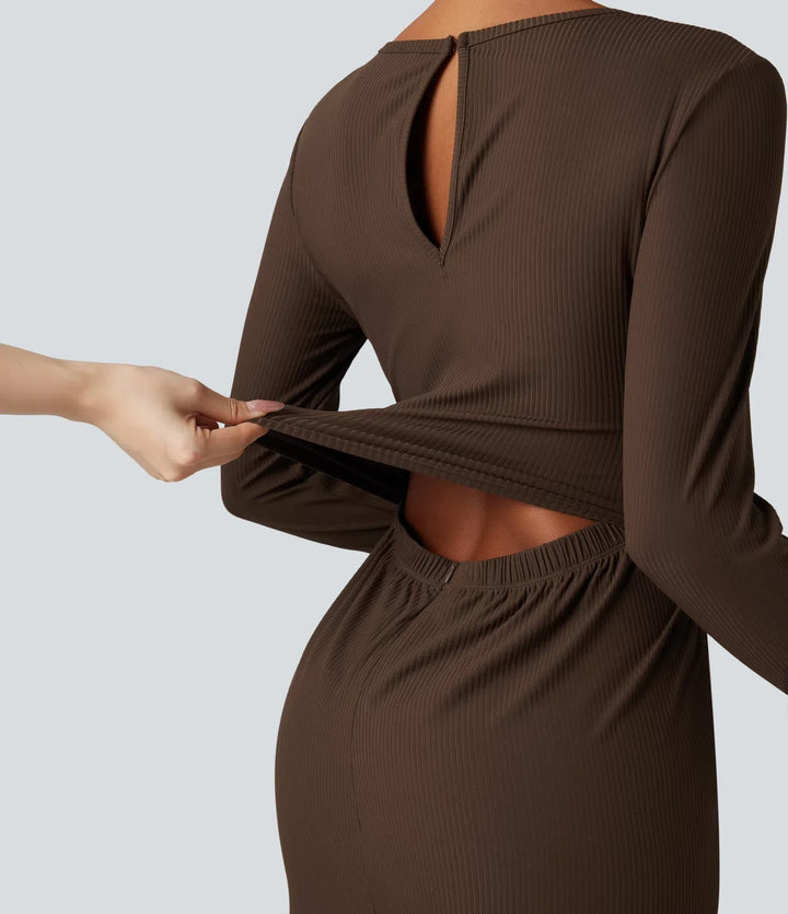 Ribbad rund hals långärmad korsett vardaglig jumpsuit med fickor-Easy Peezy Edition