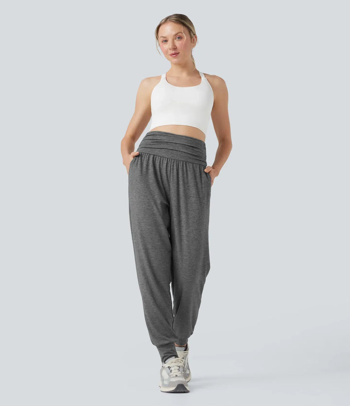 Med hög midja rynklad melerad yoga joggingbyxor med fickor