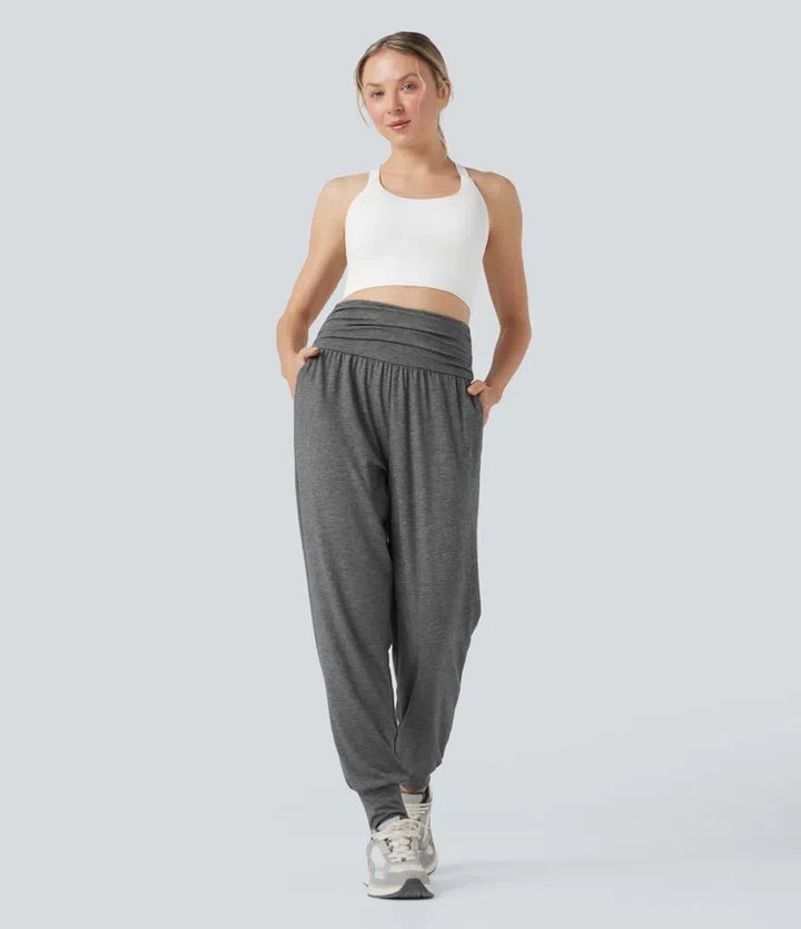 Med hög midja rynklad melerad yoga joggingbyxor med fickor