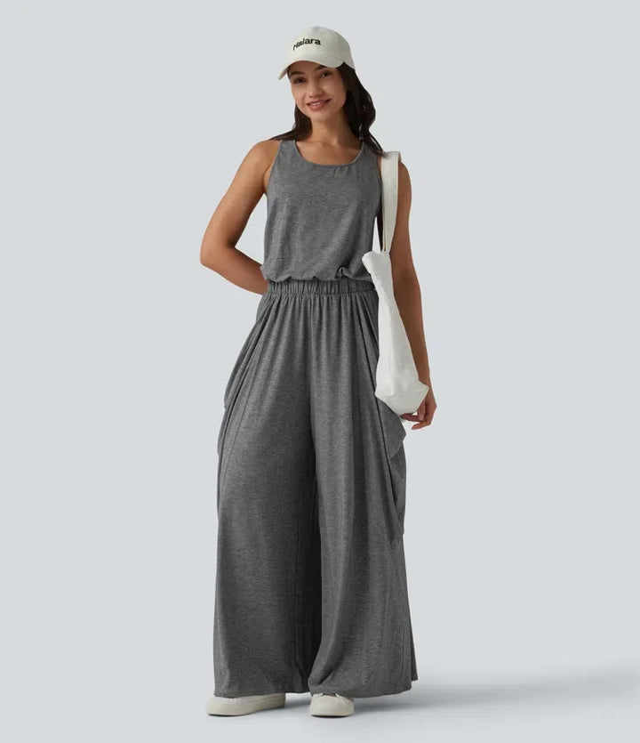 Ärmlös utskuren detalj vida ben jumpsuit för vardag med fickor – Easy Peezy-utgåva