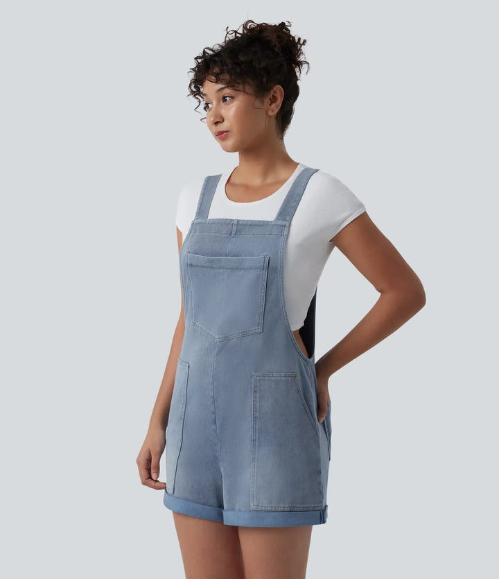 Lyckera Flex fyrkantig halsringning upprullad fåll denim vardaglig kort overall med fickor