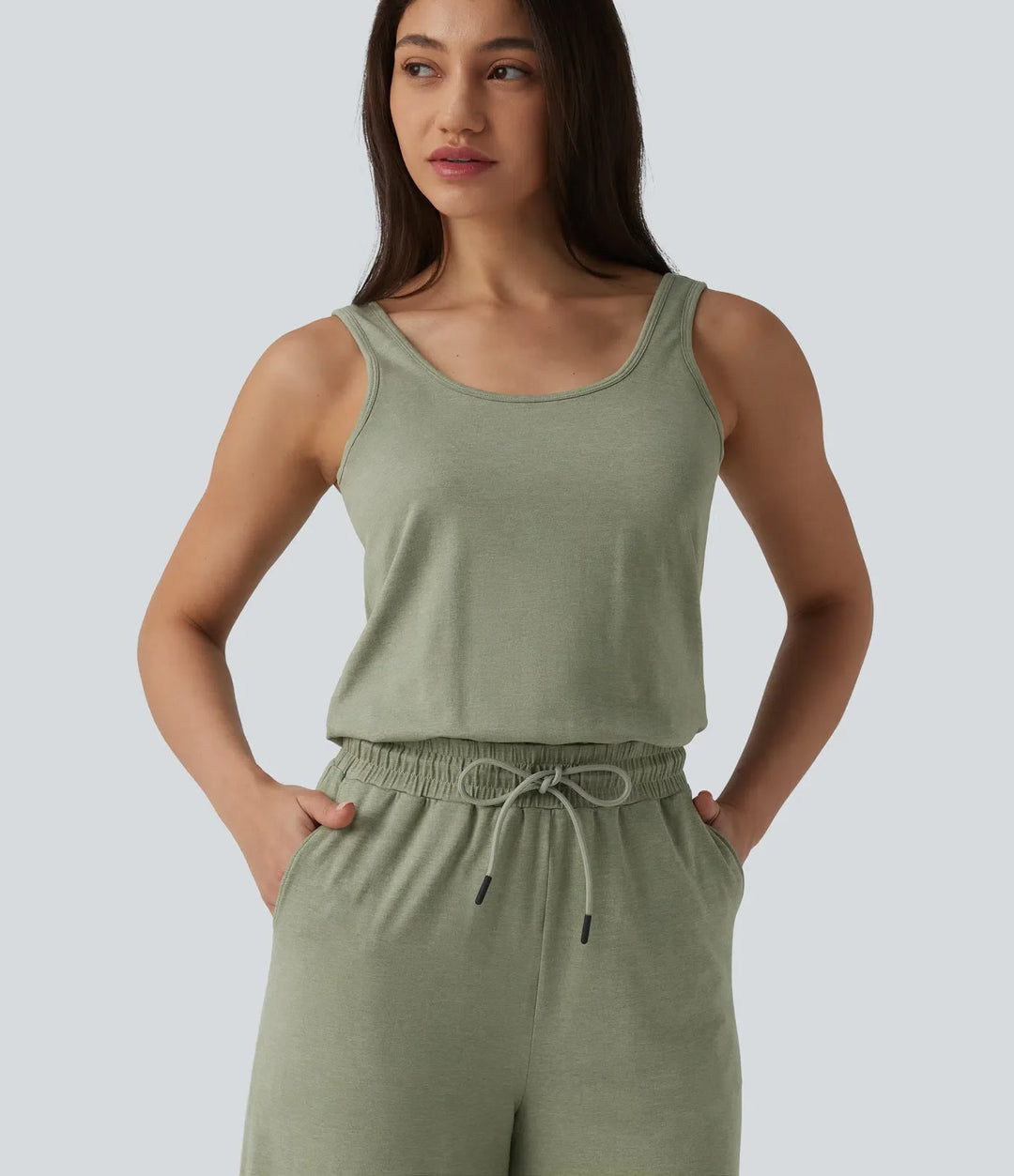 U-ringad ärmlös dragsko melerad vardaglig baggy jumpsuit med fickor-Easy Peezy