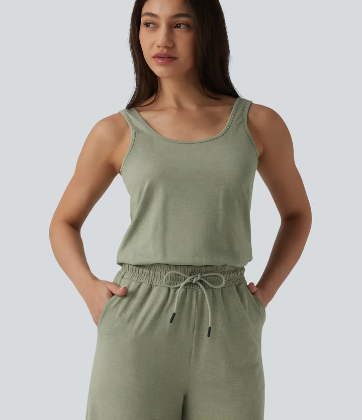 U-ringad ärmlös dragsko melerad vardaglig baggy jumpsuit med fickor-Easy Peezy
