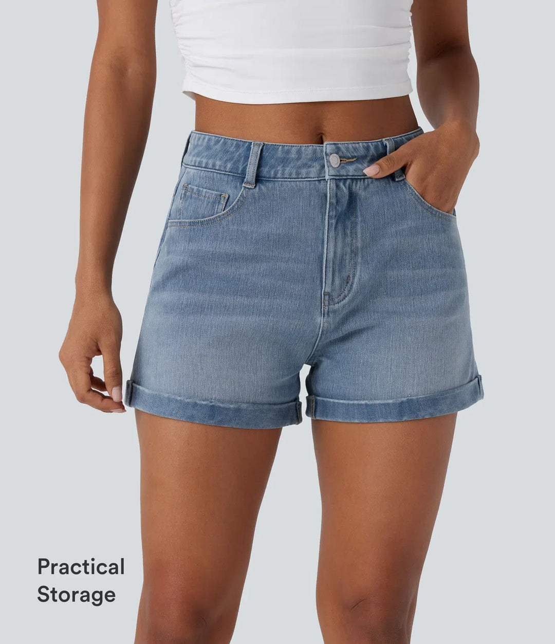 Halara Flex med medelhög midja dragkedja fickor denim vardagsshorts 3&