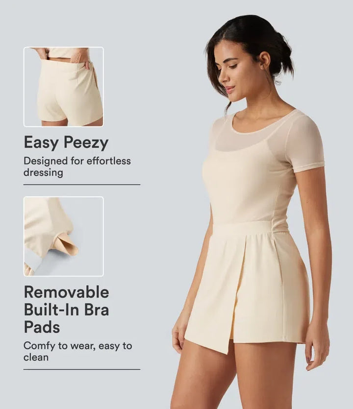 SoftlyZero mjuk plysch båtringad inbyggd BH kontrastmesh kortärmad fest playsuit med fickor-Easy Peezy Edition
