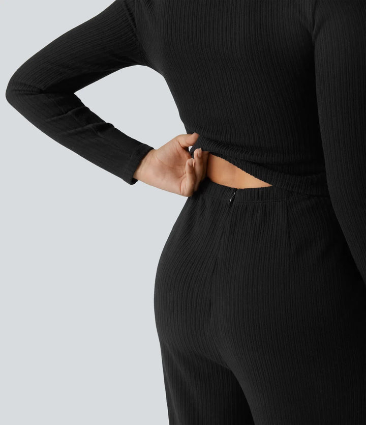 Ribbad henley långärmad vardaglig jumpsuit med fickor-Easy Peezy