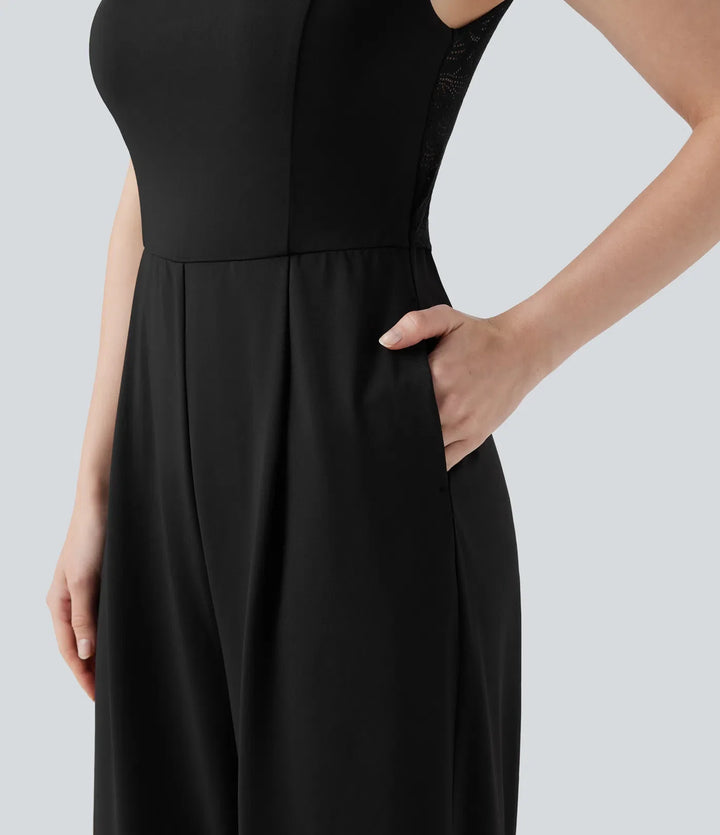 Fyrkantig halsringning ärmlös kontrastspets jumpsuit för brudtärna och bröllopsgäst med fickor-Easy Peezy