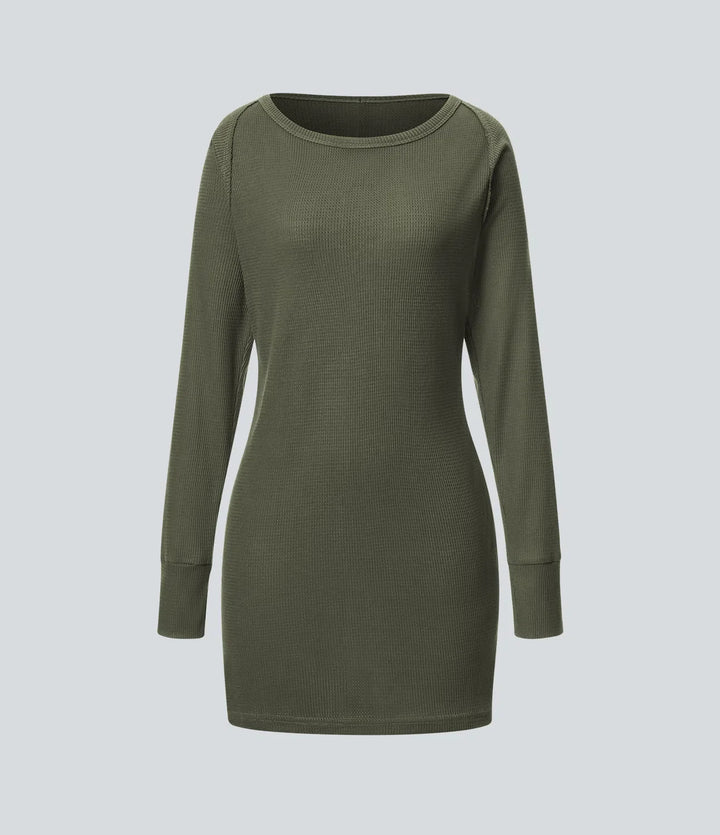 Båtringad raglan ärm tumhål fåll våffelstruktur vardaglig sweatshirt klänning
