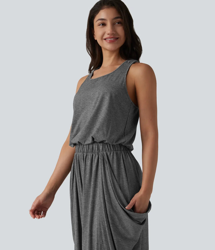 Ärmlös skuren-ut vida ben vardaglig jumpsuit med fickor-Easy Peezy Edition