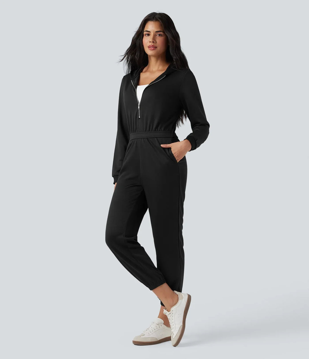 Med huva långärmad vardaglig jogger jumpsuit med fickor-Easy Peezy Edition