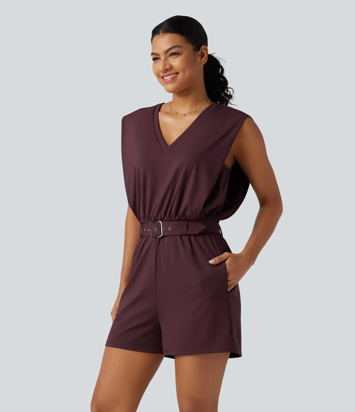 SoftlyZero luftig V-ringad ärmlös bältad InstantCool vardaglig playsuit med fickor-Easy Peezy Edition