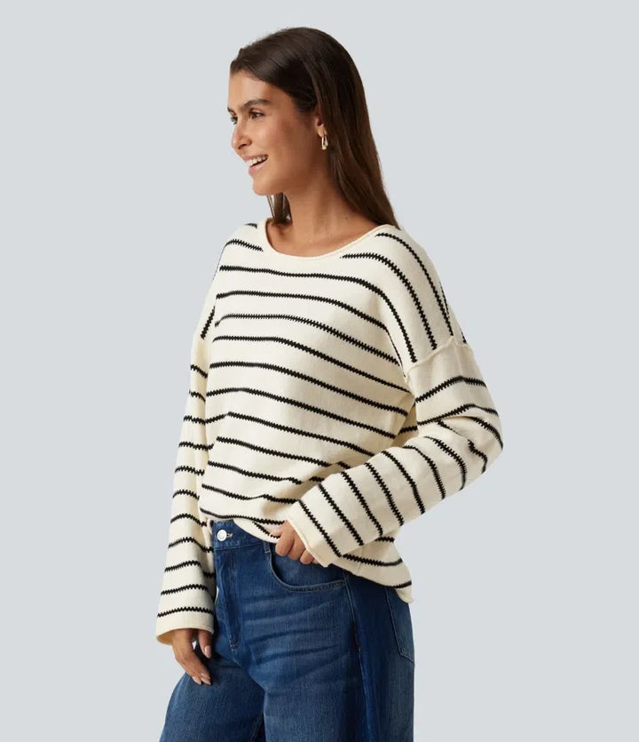 Båtringad långärmad randig upprullad fåll oversized vardaglig tröja