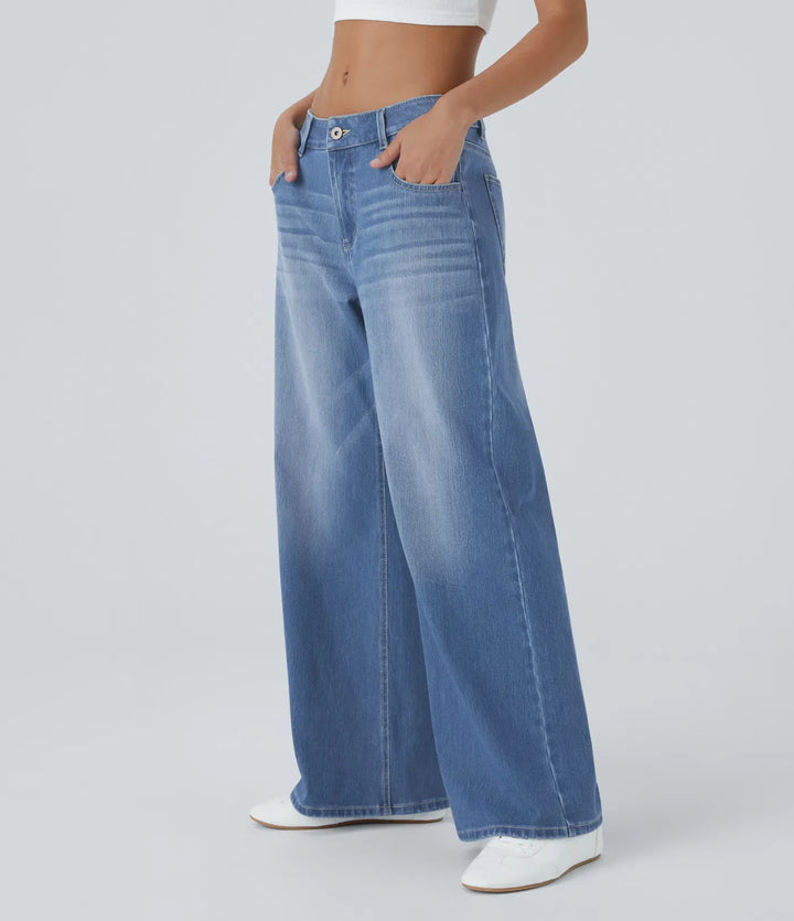 Lyckera Flex låg midja dragkedja fickor tvättad baggy vida ben vardagsjeans