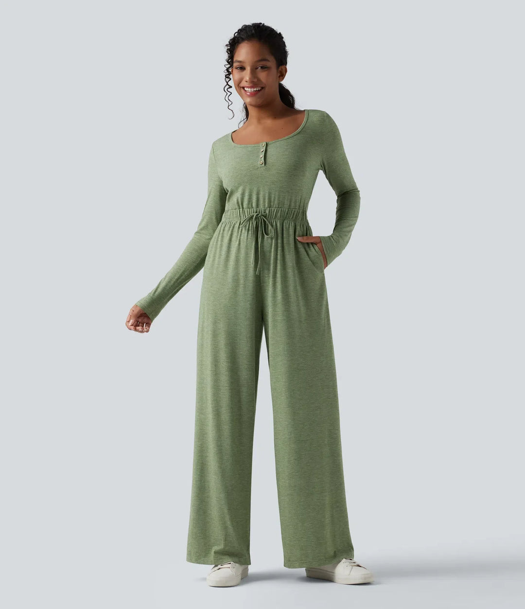 Henley långärmad dragsko melerad vardaglig baggy jumpsuit med fickor-Easy Peezy