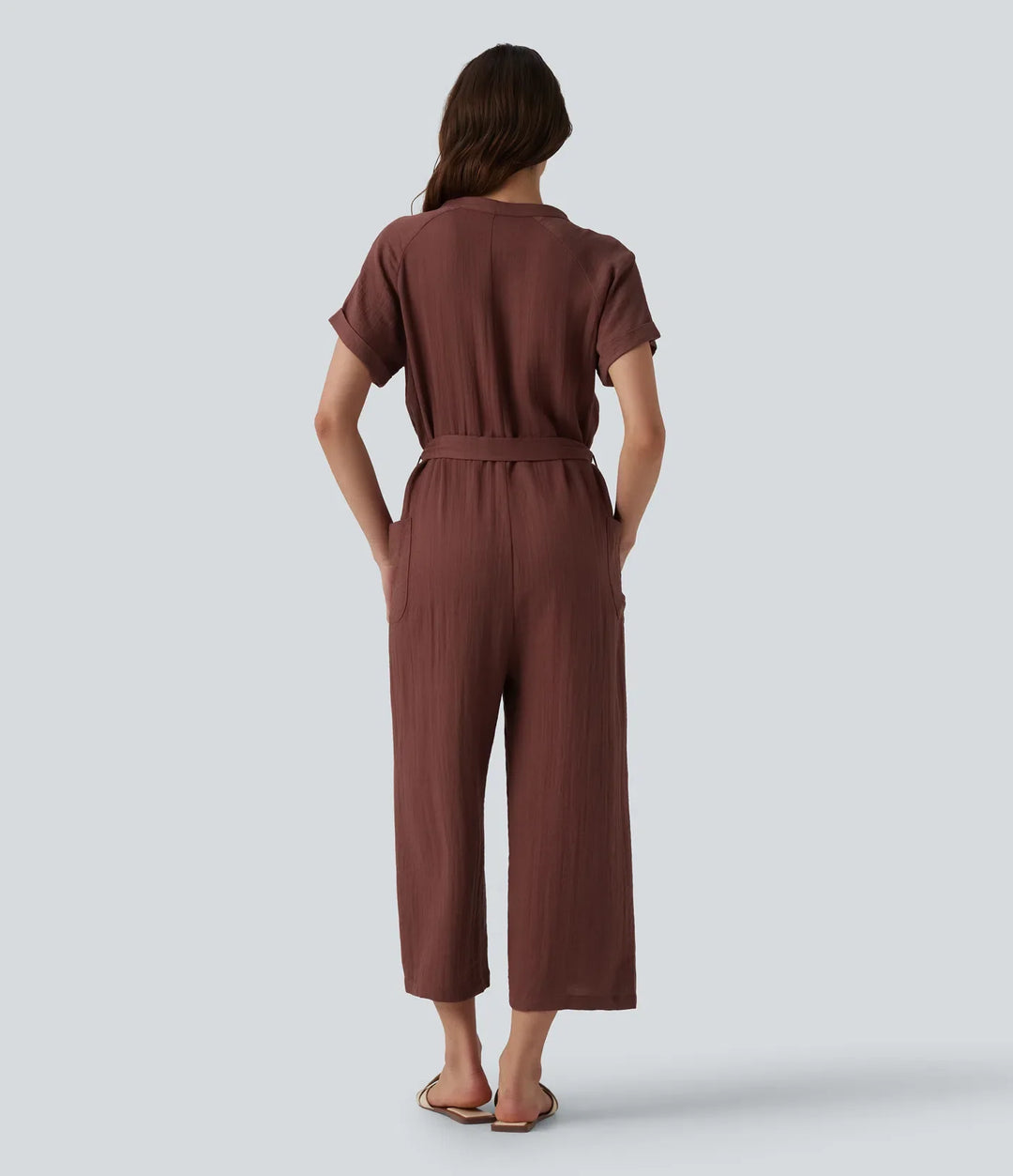 V-ringad kortärmad bältad croppad vardaglig baggy jumpsuit med fickor