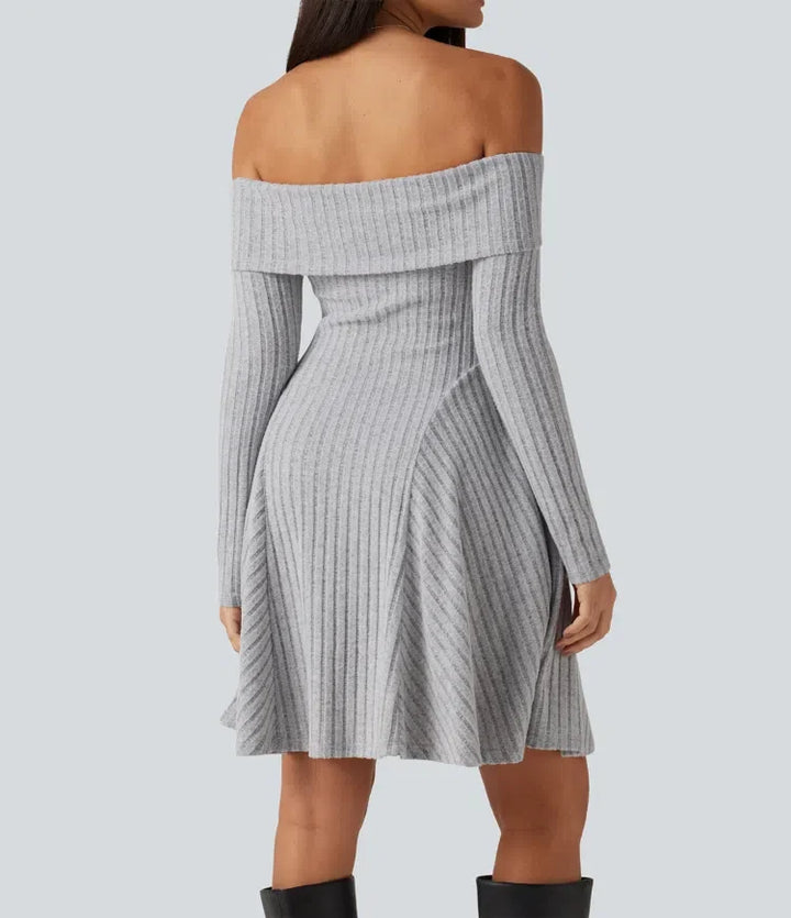 Ribbstickad bara axlar långärmad inbyggd bh mini vardagsklänning med fickor