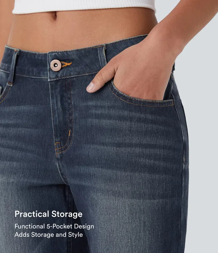 Halara Flex med låg midja dragkedja fickor tvättad för vardag bootcut jeans