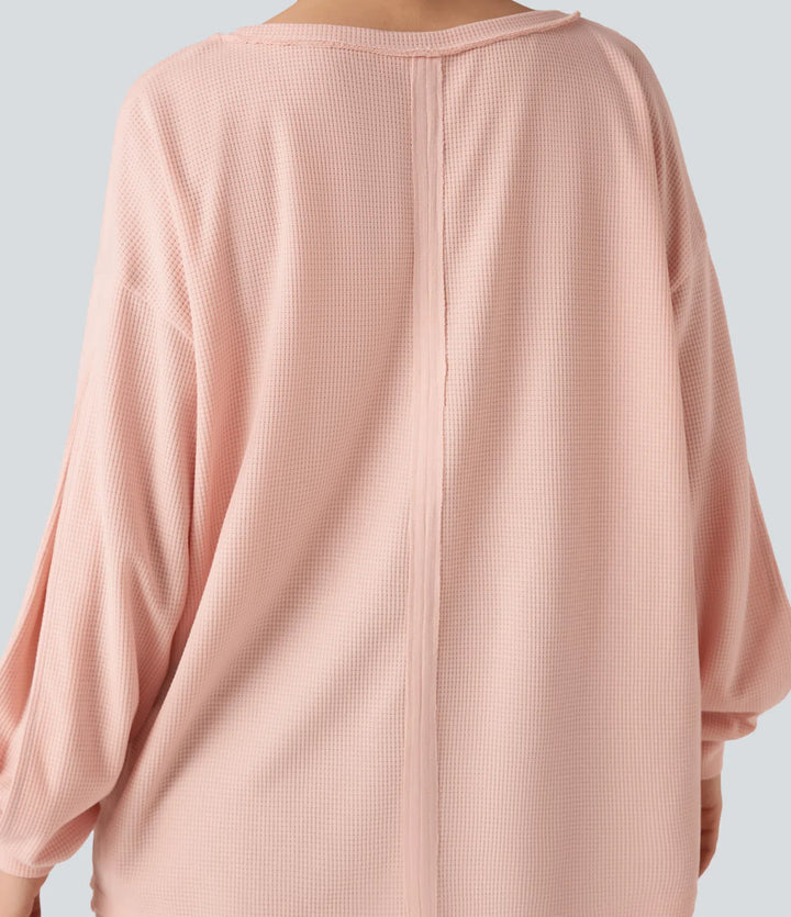 Djup rund halsringning långärmad våffelstruktur vardaglig sweatshirt
