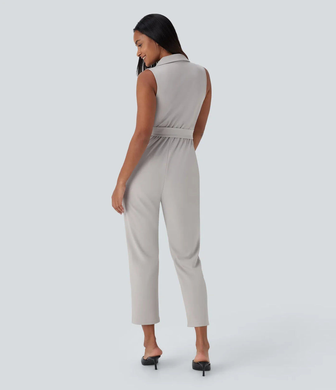 Ärmlös fickor bältad avsmalnande arbetsjumpsuit