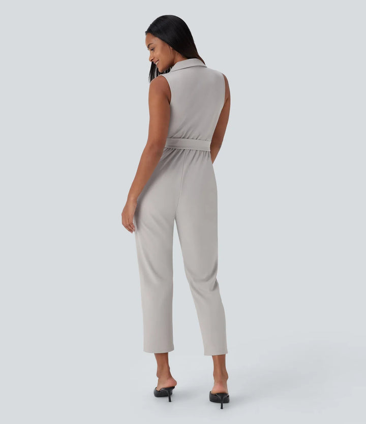 Ärmlös fickor bältad avsmalnande arbetsjumpsuit