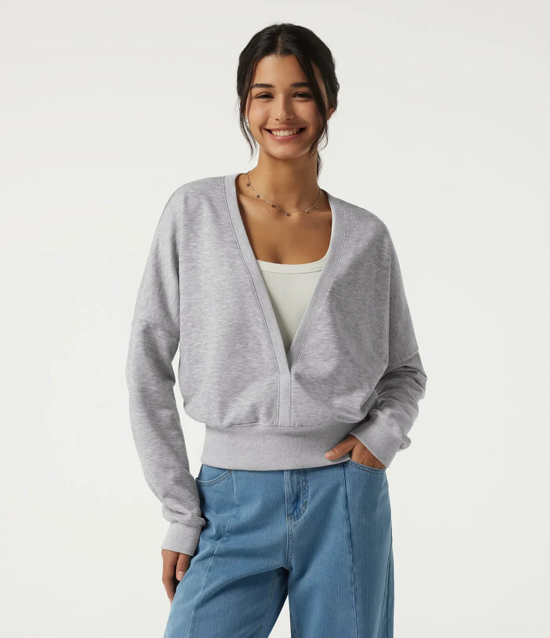 Djup V-ringad långärmad vardaglig sweatshirt