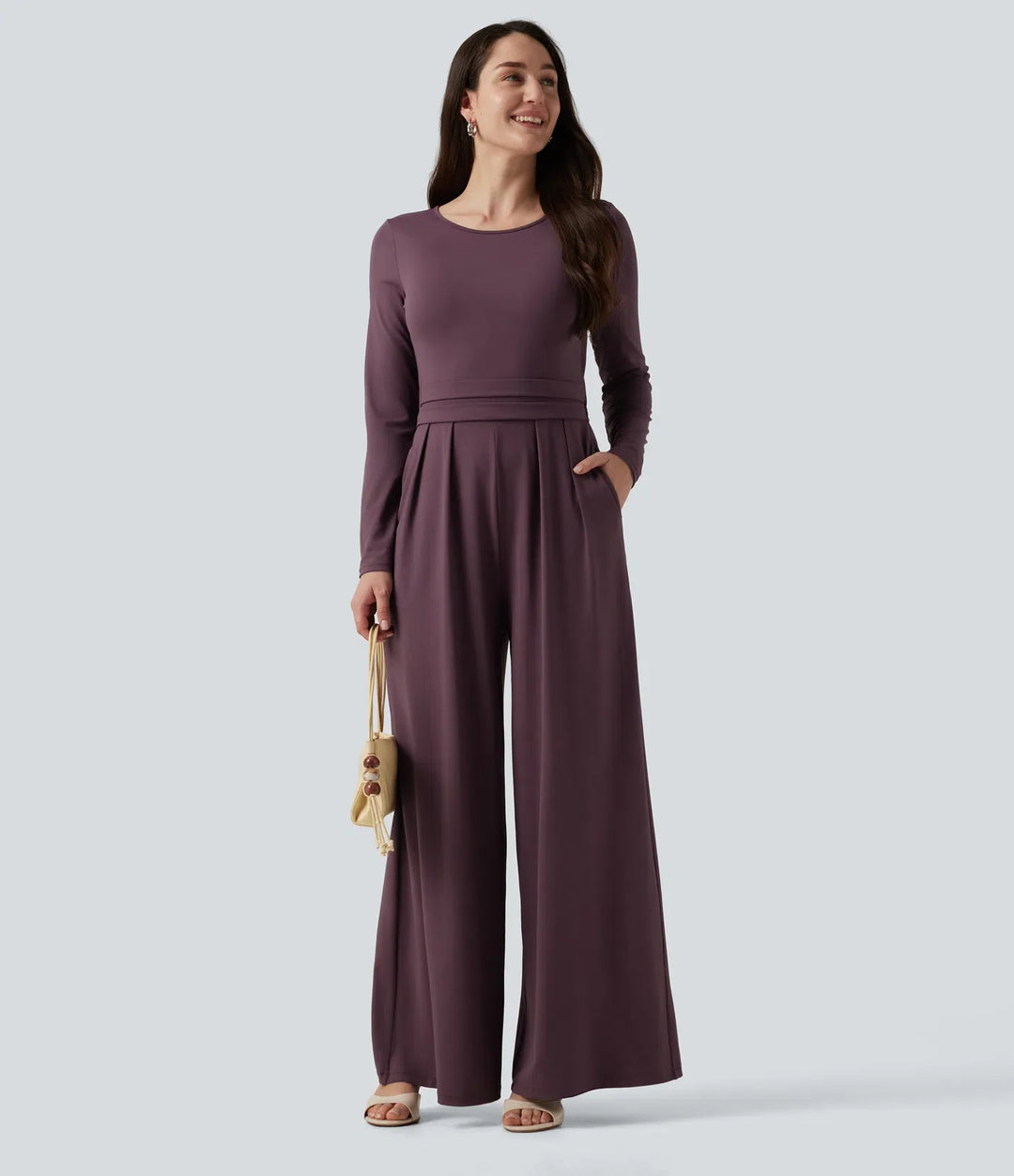 Rund hals långärmad vida ben vardaglig jumpsuit med fickor-Easy Peezy Edition