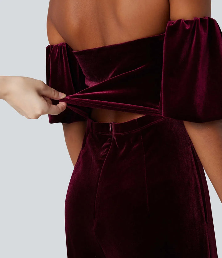 Tub puffärm slits sammet fest jumpsuit-Easy Peezy