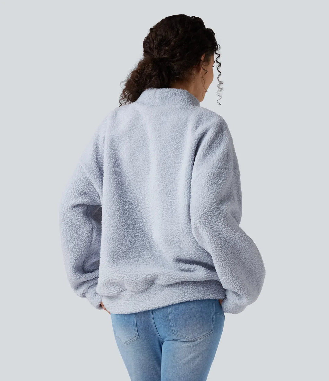 Halvpolo långärmad vardaglig sherpa sweatshirt med fickor