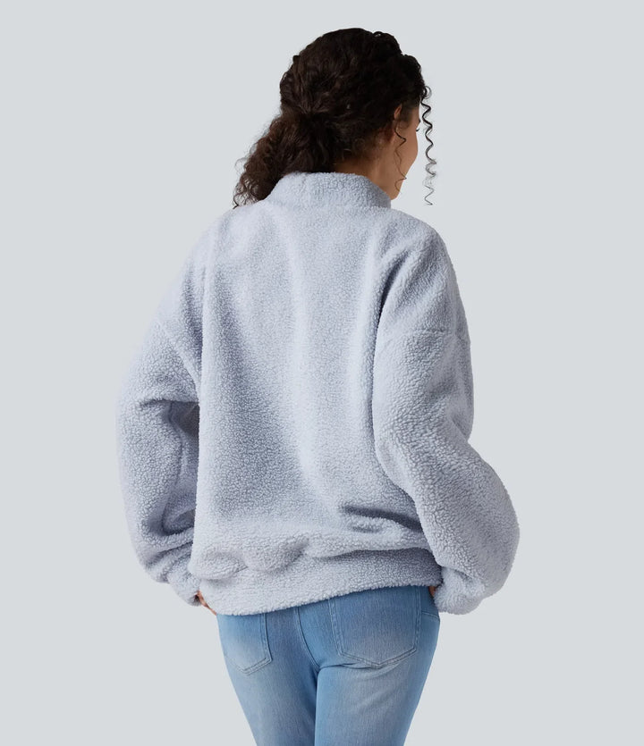 Halvpolo långärmad vardaglig sherpa sweatshirt med fickor