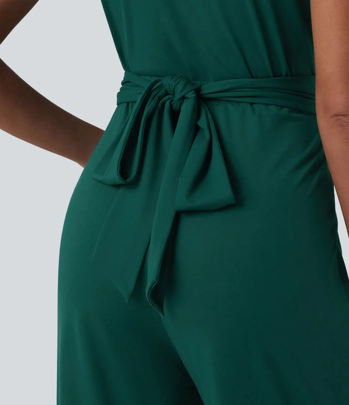 V-ringad kortärmad crossover knyt veckad arbetsjumpsuit med fickor-Easy Peezy