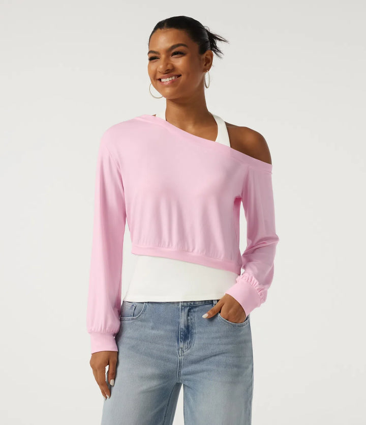 Halterneck enaxlad långärmad 2-i-1 asymmetrisk färgblock vardaglig sweatshirt