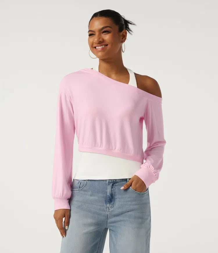 Halterneck enaxlad långärmad 2-i-1 asymmetrisk färgblock vardaglig sweatshirt