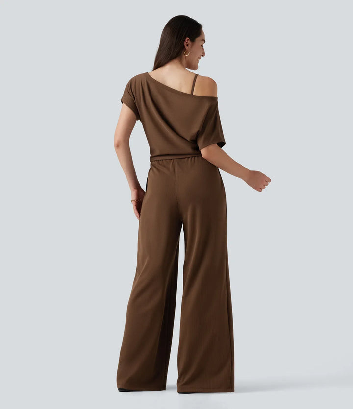 Enaxlad kortärmad asymmetrisk vardaglig jumpsuit med inbyggd BH och fickor -Easy Peezy Edition